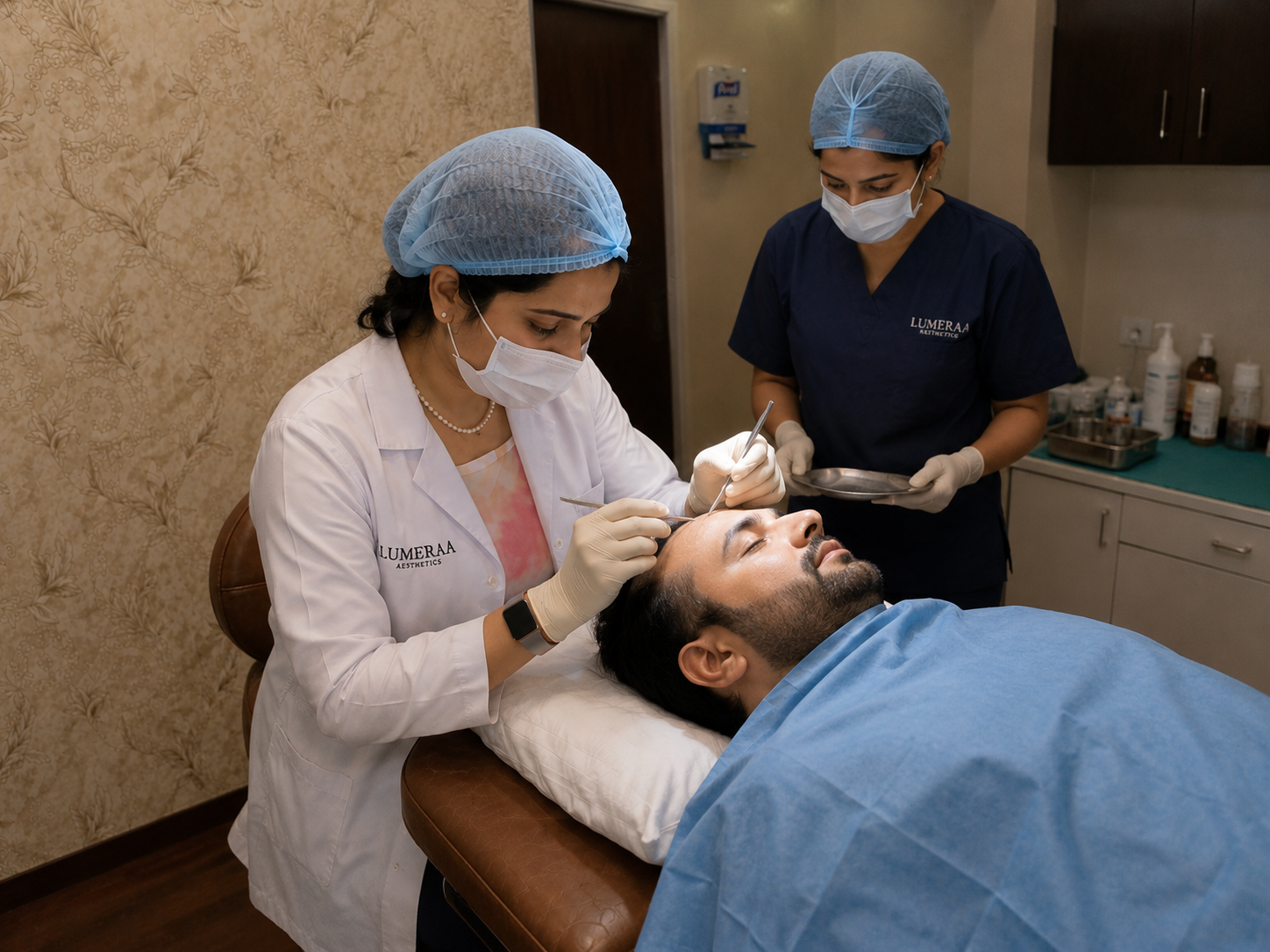 Medical team performing a hair transplant procedure at Lumeraa Aesthetics